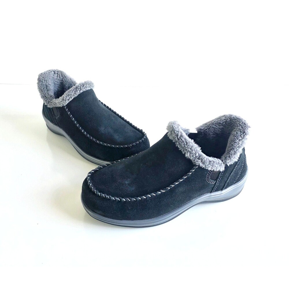 ORTHOFEET Lorin Slippers Black Suede Gray Faux Fur Lining Sz 7.5 Extra Wide 2E